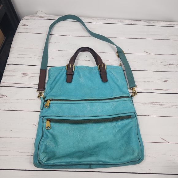Fossil Explorer Turquoise Leather Foldover Crossbody Bag - Picture 1 of 9